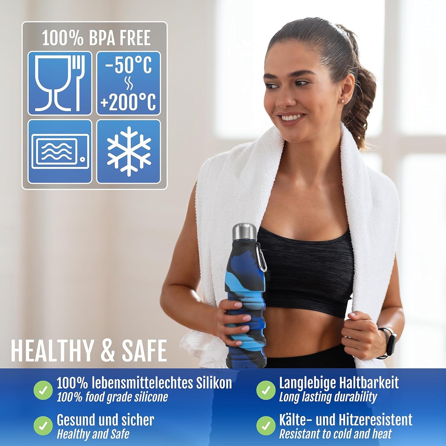 Foldable Drinking Bottle - BPA-free, leak-proof - Ideal festival accessory and practical outdoor companion with carabiner (Dark blue)