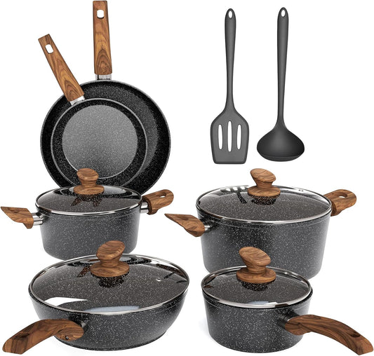 MAISON ARTS Pots and Pans Set Non Stick, 12 Piece Black Granite Kitchen Cookware Induction Compatible, Pot and Pan Sets for Cooking Nonstick