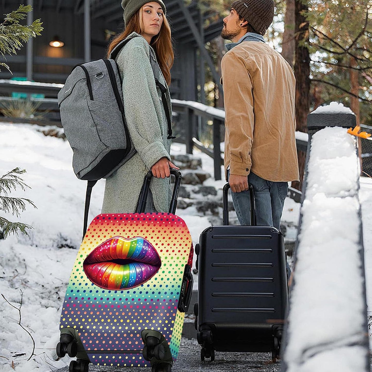 ANNA QUEEN Pop Art Rainbow Lips Luggage Cover, Colorful Suitcase Protector with Bold Lip Design, Stretchable, Washable Travel Cover for 32-34 Inch Luggage, Fun & Fashionable Style