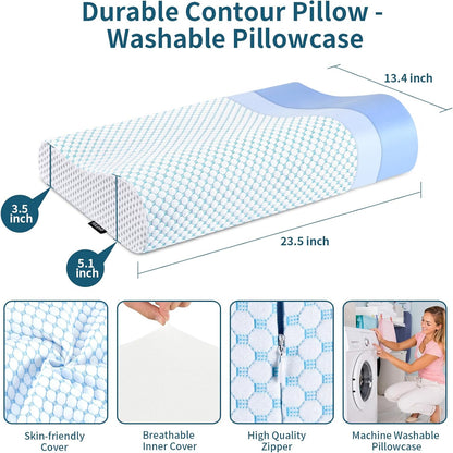 Memory Foam Pillows Neck Pillow for Pain Relief, Ergonomic Cervical Pillow Neck Shoulder Support Bed Pillow for Side Back Stomach Sleeper, Orthopedic Contour Pillow for Sleeping(Blue&White)