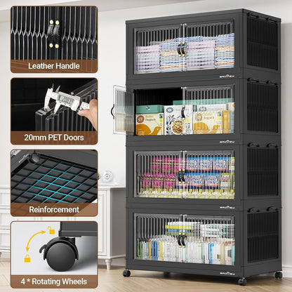 BROVIEW 600Qt Extra Large Stackable Storage Bins with Lid, Closet Organizer Collapsible Drawer Boxes with Wheels, Folding Plastic Cabinet Containers for Home Kitchen Room Organization, 3Pack Black