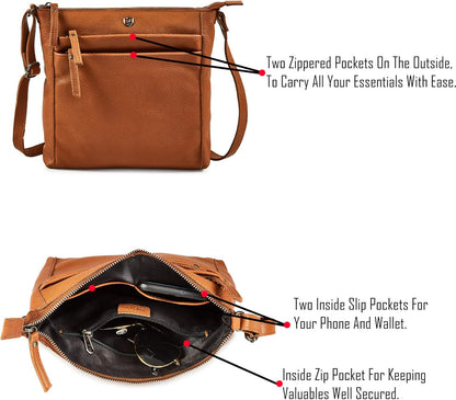 Small Soft Genuine Leather Crossbody Purse Women’s Sling Crossover Shoulder Travel Handbag with Triple Zipper
