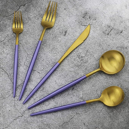 Gugrida 20-Piece 18/10 Stainless Steel Flatware Silverware, Luxury Dinnerware Set Travel Cutlery Tableware Include Knife Fork Spoon Service for 4, Dishwasher Safe (Purple Handle Matte Gold)