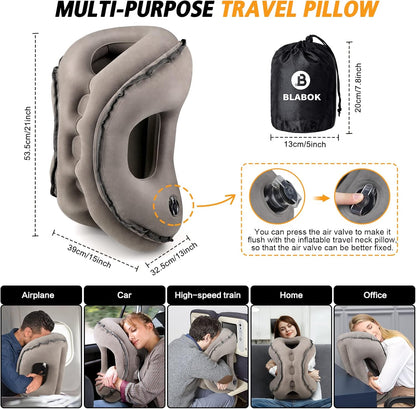 Inflatable Travel Pillow,Multifunction Travel Neck Pillow for Airplane to Avoid Neck and Shoulder Pain,Support Head,Neck,Used for Sleeping Rest, Airplane and Home Use,with Eye Mask, Earplugs,Gray