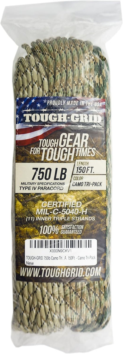 TOUGH-GRID 750 Paracord Rope Nylon Parachute Cord, Made in USA Survival Kit, Outdoor Adventures, Camping, Tactical Gear & Emergency Supplies, Military Type IV Mil-Spec