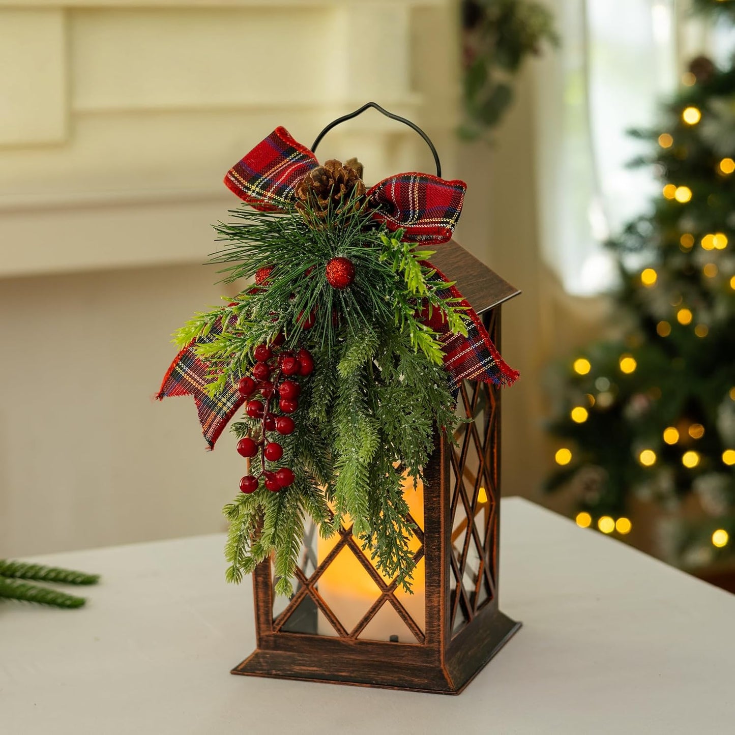 Christmas Solar Lanterns Outdoor, Waterproof Garden Hanging Lanterns, 13" Outdoor Christmas Decorative Lantern with LED Flickering Flameless Candles, Solar Lantern for Porch Yard Patio Decor