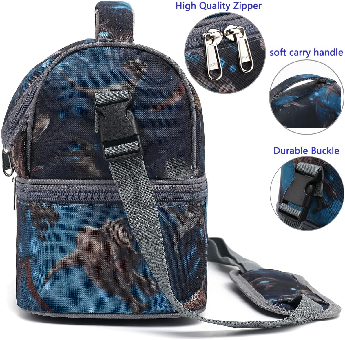 FlowFly Double Decker Cooler Insulated Lunch Bag Large Tote for Boys, Girls, Men, Women, With Adjustable Strap, MyDinosaur