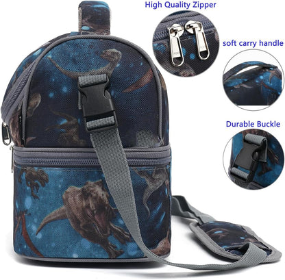 FlowFly Double Decker Cooler Insulated Lunch Bag Large Tote for Boys, Girls, Men, Women, With Adjustable Strap, MyDinosaur