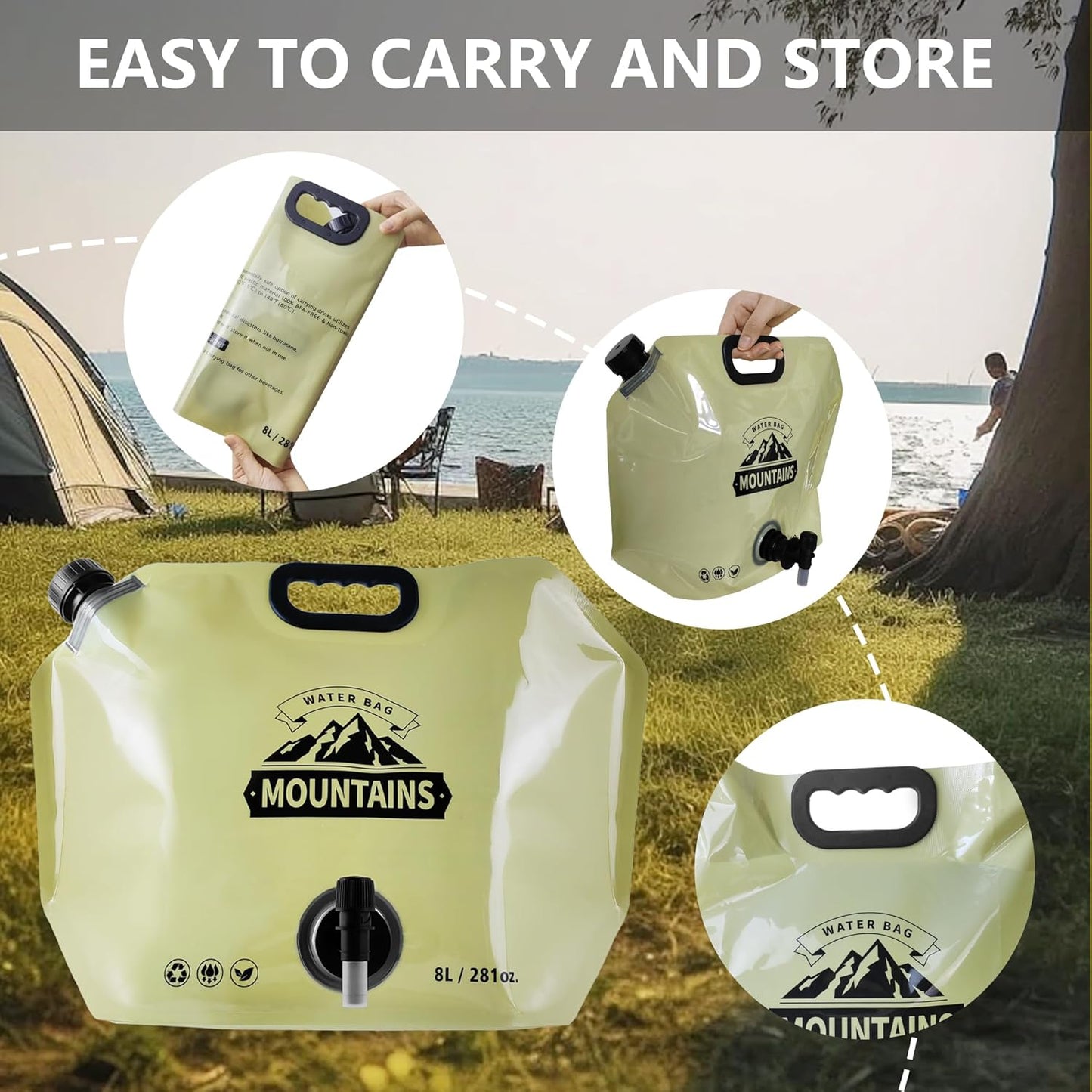 Collapsible 8L Water Storage Bag, BPA-Free Portable Folding Water Jug with Adjustable Faucet, Leakproof Emergency Water Bag for Camping, Hiking, Riding, Outdoor Sport (BEIGE, 4)