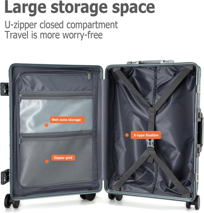 feilario 20in Aluminium Frame PC Hard Shell Spinner Wheels Luggage, Built-In TSA lock Carry on Suitcase, with Cup Holder, USB Port, Phone Holder