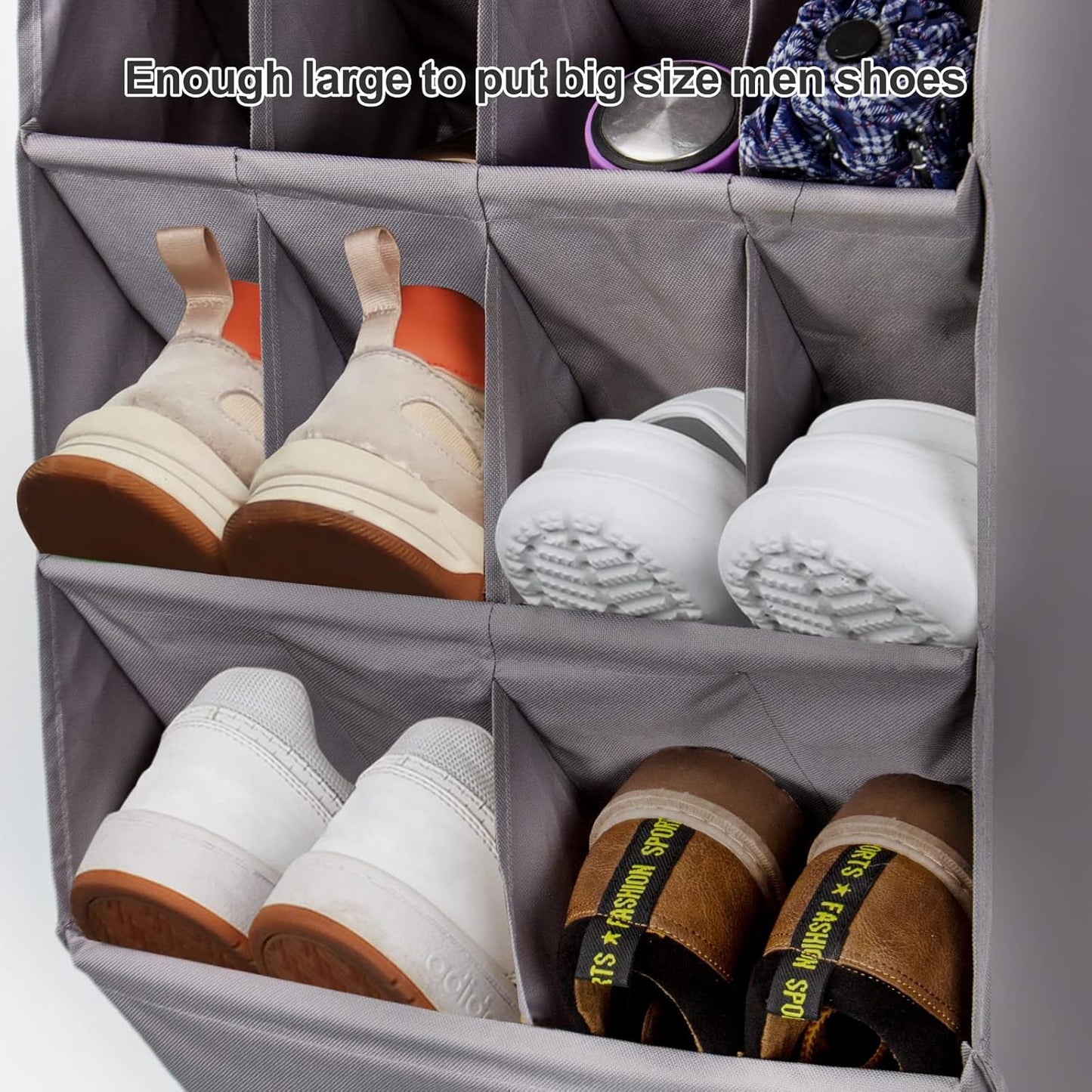FENTEC 2 Pack Over the Door Shoe Organizer, Hanging Shoe Organizer Rack,24 Large Pockets and 4 Larger Storage Various Compartments with 6 Hooks, Home Accessories, Grey