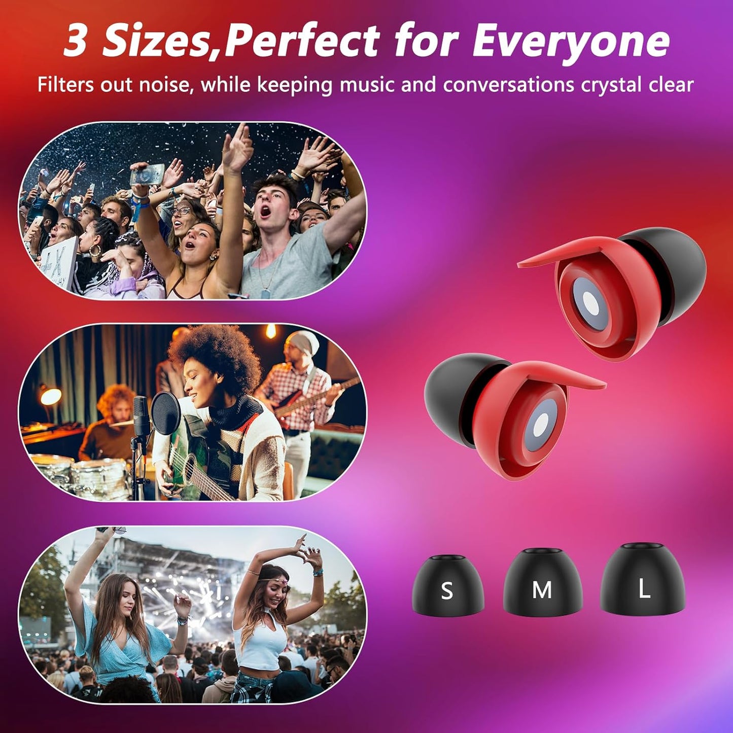 High Fidelity Concert Ear Plugs - 27dB Noise Reduction,2-Pair Reusable Silicone 3 Sizes (S/M/L), Ergonomic Secure Fit & Aluminum Case for Festivals, Live Music, Sports, Motorcycle, Travel