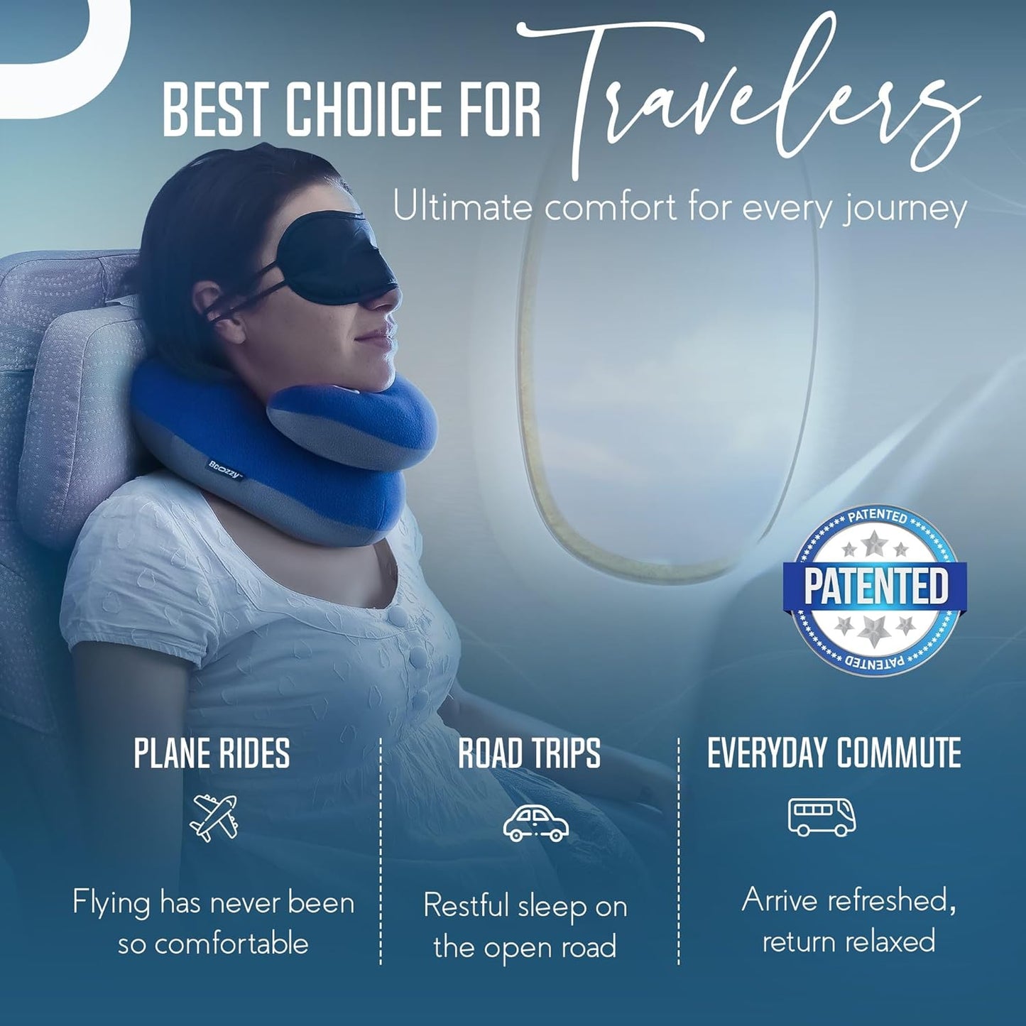 BCOZZY Travel Neck Pillow for Airplane– Patented Double Support for Head, Neck, and Chin. Best for Long Flights, Plane Sleeping, and Car Rides. Adjustable Size. Washable. Carry Bag. Large, Purple