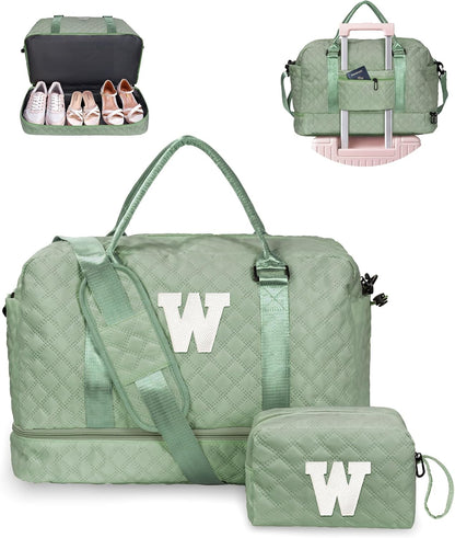 Gifts for College Girls-Initial Travel Bag with Shoe Compartment, Girl Personalized Weekender Bag, Monogram Overnight Bag for Women, Letter Travel Bag with Makeup Bag (Letter W)