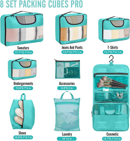 Veken 8 Set Packing Cubes for Kids & Toddler, Airplane Travel Essentials, Beach Vacation & Road Trip Suitcase Organizer Bags Set for Luggage, with Hanging Toiletry & Shoe Bag