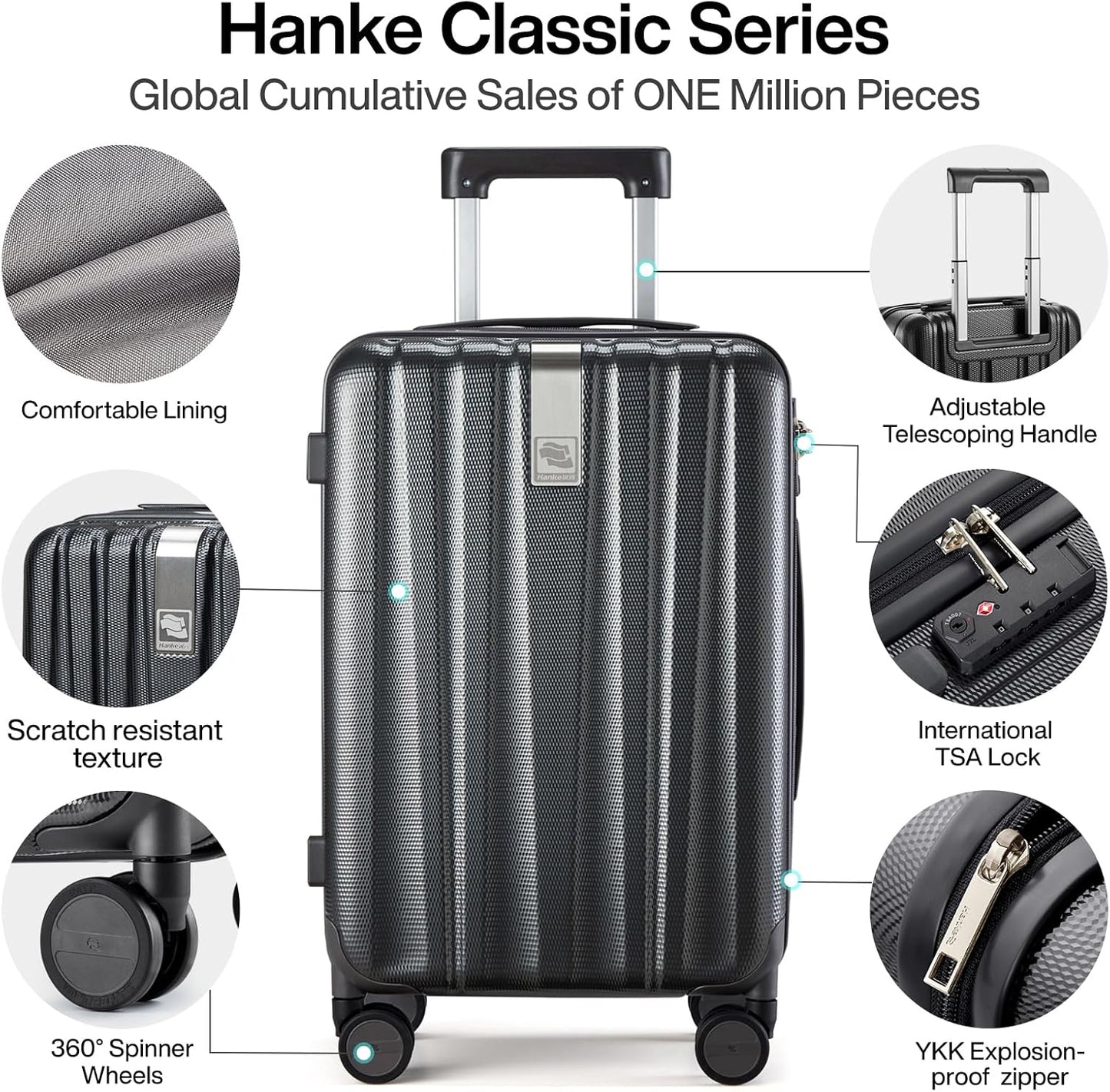 Hanke Luggage Sets 3 piece Carry On Luggage with Wheels PC Hard Shell Suitcases Lightweight Checked Travel Luggage Large Travel Suitcase Woman Men 20/24/29 Inch(Jet Black)