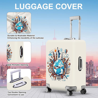 ANNA QUEEN Travel Around the World Luggage Cover, Colorful Landmark Suitcase Protector with Airplane & Globe Design, Stretchable, Washable Travel Sleeve for 24-26 Inch Luggage