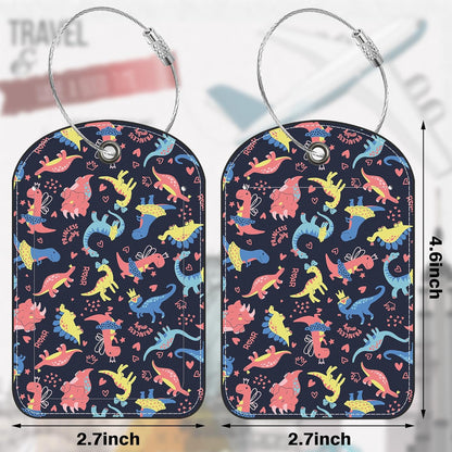 Colorful Dinosaur Leather Luggage Tag for Suitcase 2 Pack Luggage Tag with Privacy Name ID Label and Stainless Steel Loop for Travel Bag Suitcase