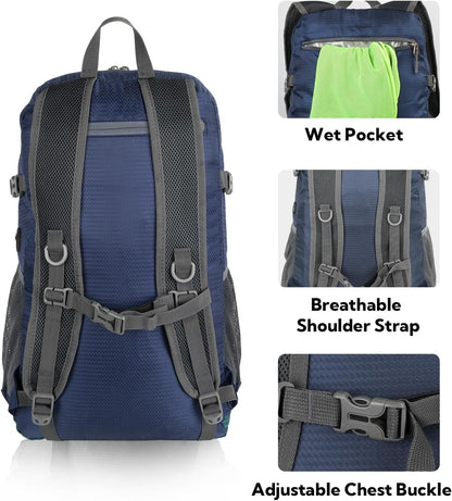 WATERFLY Lightweight Packable Hiking Backpack: 30L Foldable Travel Daypack Ultralight Camping Day Pack for Woman Man