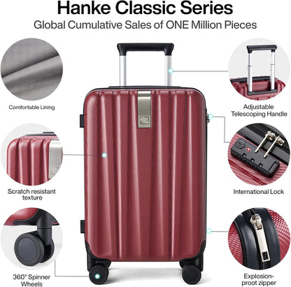 Hanke 20 Inch Carry On Luggage 22x14x9 Airline Approved Lightweight PC Hard Shell Suitcases with Wheels Travel Luggage Rolling Suitcase Travel Luggage Bag Christmas Gifts for Birthday （Burgundy）