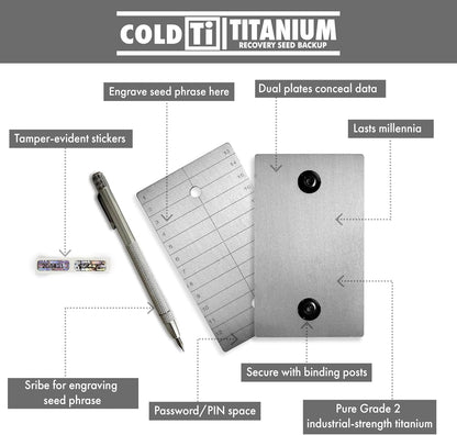 ColdTi - Titanium Bitcoin Seed Plates for Ultra-Secure Ethereum and Crypto Seed Phrase Storage (2 Plates w / 1 Scribe & Anti-Tamper Seals) - Premium Seed Phrase Metal.