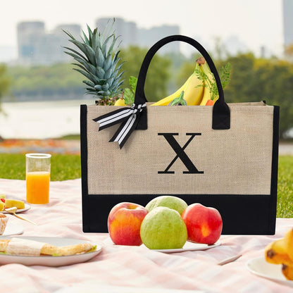 TOPDesign Initial Jute/Canvas Tote Bag, Personalized Present Bag, Suitable for Wedding, Birthday, Beach, Holiday, is a Great Gift for Women, Mom, Teachers, Friends, Bridesmaids (Letter X)