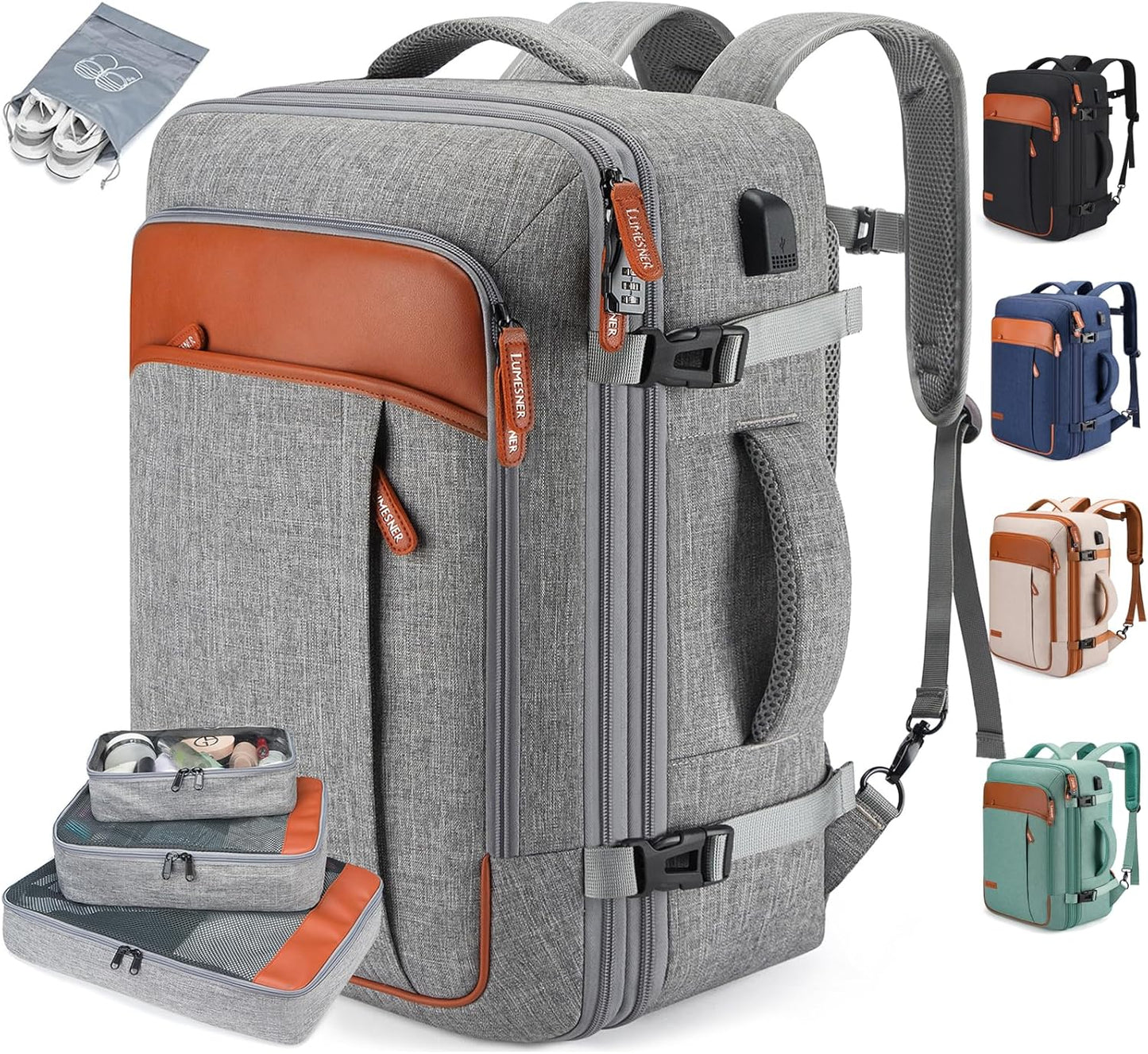 Travel Laptop Backpack,42L Carry on Luggage, Flight Approved Expandable Backpack,Business Anti Theft Weekender Bags for Women Men, Water Resistant Expandable Backpacks With 4 Packing Cubes