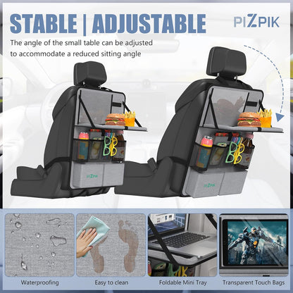 Car Backseat Organizer with Tablet Holder,11 Storage Pockets with Foldable Food Tray, Protector Kick Mats for Kids, Travel Accessories Organizer (Gray, 2Pack)