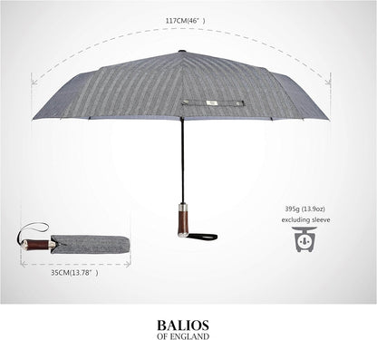 Balios (Designed in UK) Travel Umbrella Luxurious Golden Hardwood Handle Auto Open & Close Windproof Frame Single Canopy Automatic Folding Umbrella Men's & Ladies