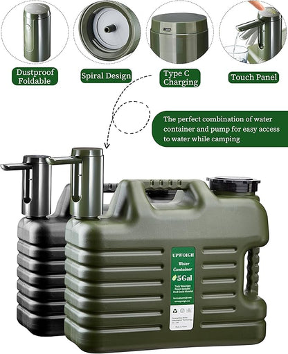Portable 5 Gallon Water Jug with Automatic Touch Control Pump,Truly No Leakage Water Container with Spigot,Type-C Rechargeable Military Green Water Pump Gear for Outdoors Camping Hiking