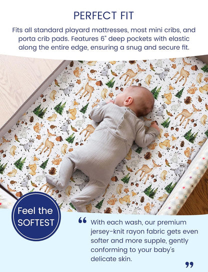 TotAha Premium Soft Graco Pack n Play Sheets Fitted, Super Stretchy Jersey Knit Mini Crib Sheets Fitted, Silky Comfort Pack and Play Mattress Sheets, 2 Pack (Forest Animals)