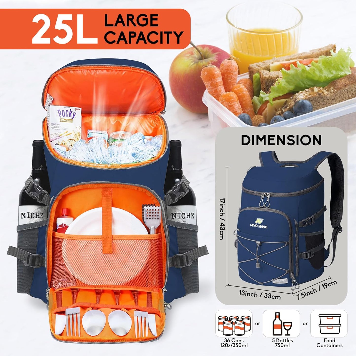 N NEVO RHINO Backpack Coolers Insulated Leak Proof 36/54 Cans,Portable Lightweight Waterproof Insulated Cooler Backpack for Men & Women Ideal for Camping,Travel,Beach,Picnics,Lunch & Day Trips