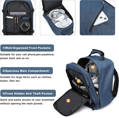 Kono Carry on Backpack, 16" Airplane Approved Under Seat Travel Backpack for Men and Women, Waterproof Lightweight Daypack for Flight 20L (Navy, Small)