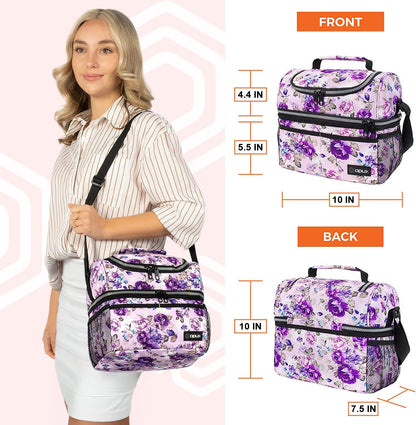 Opux Lunch Box For Women - Large Dual Compartment Insulated Lunch Bag, 10x7.5x10 Inches, Floral Purple