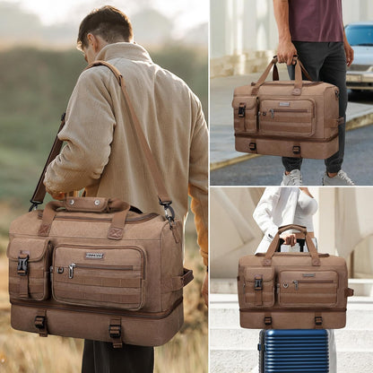 WITZMAN Duffle Bag for Men 50L Canvas Weekender Overnight Bag with Toiletry Bag Sets Travel Duffel Bag Shoes Compartment（A8010-2 Brown）