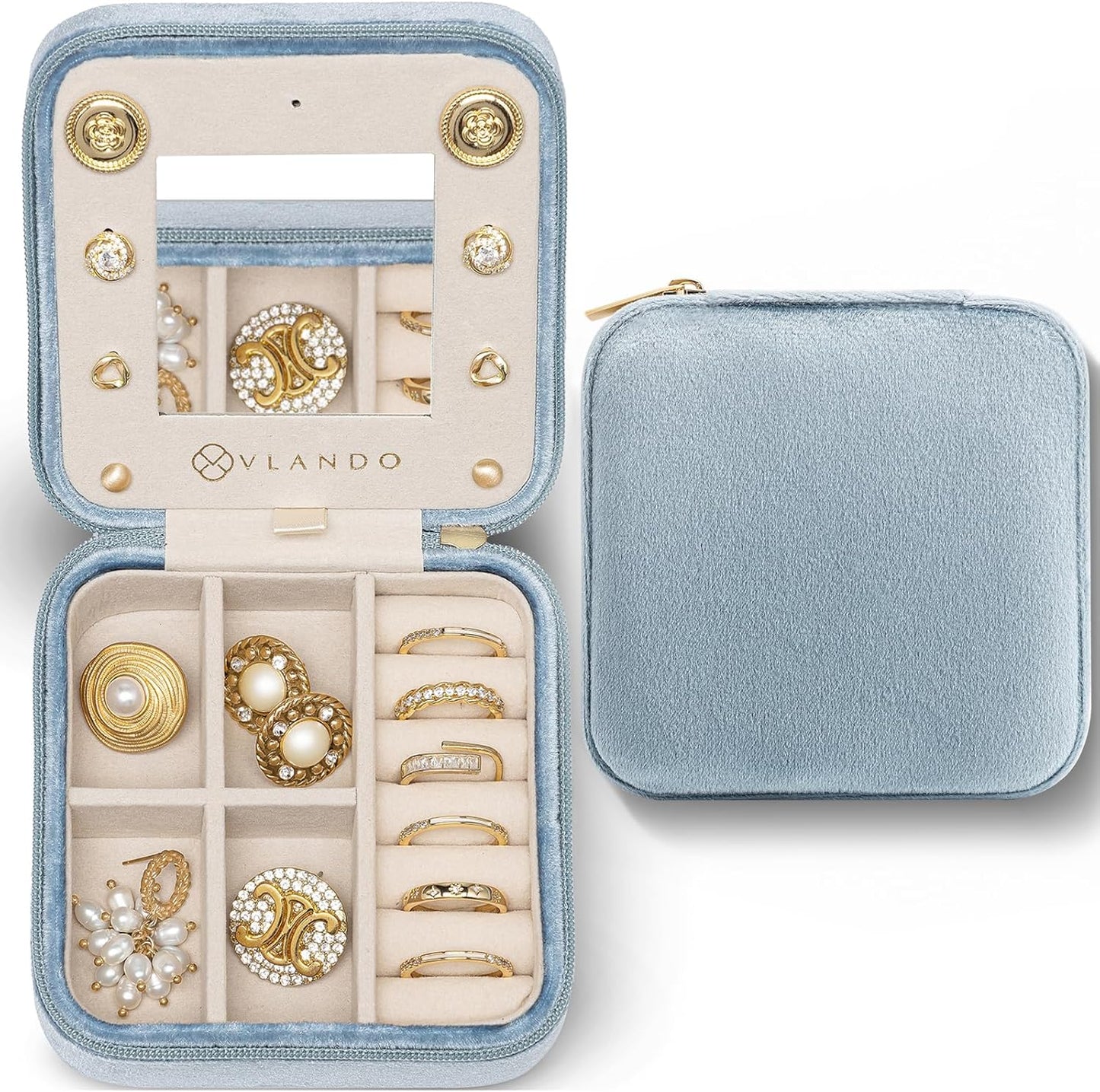 Vlando Velvet Travel Jewelry Case, Jewelry Travel Box for Women, Travel Jewelry Organizer, Small, Portable Jewelry Boxes with Mirror - Blue