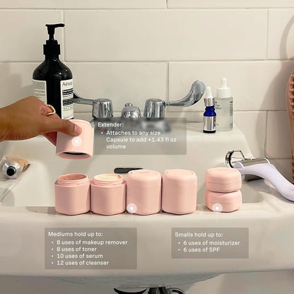 Cadence Travel Containers - Full Skincare Set - Magnetic Containers with Lids,Carry On Travel Essentials For Women/Men - 2 Small (0.56oz), 4 Medium Capsules (1.32oz), & Extender (1.43oz) - Petal