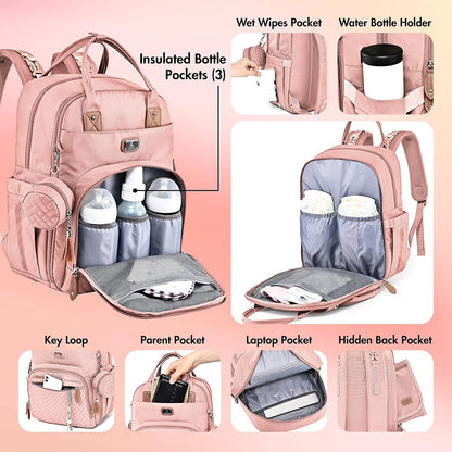 Dikaslon Diaper Bag Backpack with Portable Changing Pad, Pacifier Case and Stroller Straps, Large Unisex Baby Bags for Boys Girls, Multipurpose Travel Back Pack Moms Dads, Pink