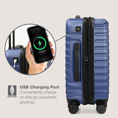U.S. Traveler Boren Polycarbonate Hardside Rugged Travel Suitcase Luggage with 8 Spinner Wheels, Aluminum Handle, Navy, Carry-on 22-Inch, USB Port
