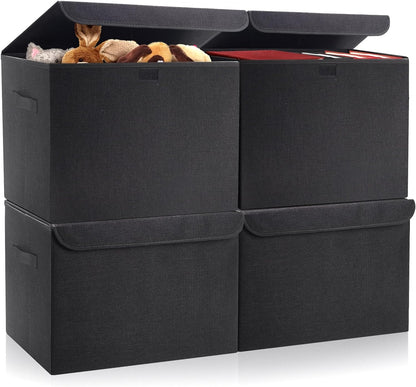 Large 22 Quart Linen Fabric Foldable Storage Bin Cube Organizer Basket with Flip-Top Lid & Handles, Clothes Blanket Box for Home, Office, Closet, Black, 4 Pack 14.6 x 9.5 x 9.5”
