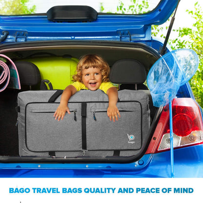 Bago Big XXL Foldable Duffel Bags for Traveling Women & Men - 140L Packable Duffle Bag for Travel with Shoe Compartment - Water Repellant, Heavy Duty, Lightweight Folding & Collapsible (SnowGray)