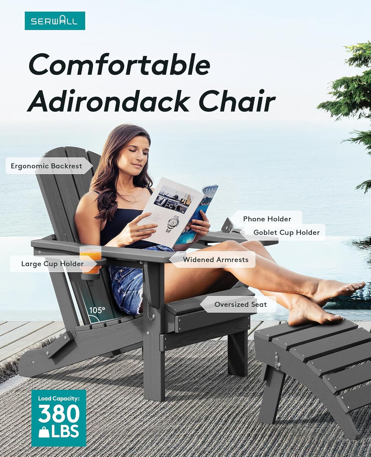 SERWALL Foldable Adirondack Chair Set of 2, HDPE Adirondack Chair with Wood-Texture-Gray