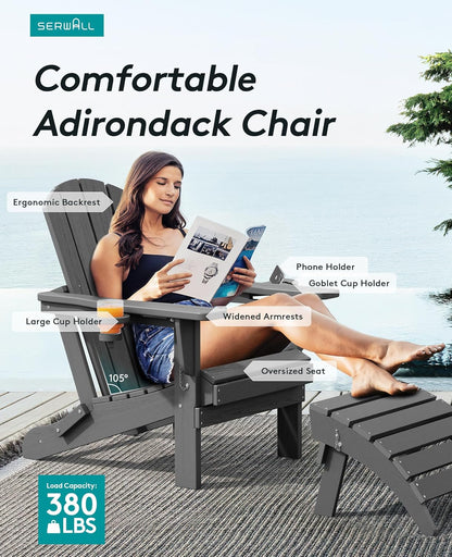 SERWALL Foldable Adirondack Chair, HDPE Adirondack Chair with Wood-Texture-Gray