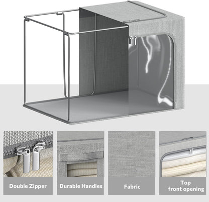 4 Pack Clothes Storage Bins with Metal Frame - Linen Fabric Foldable Stackable Container Organizer Set with Clear Window & Carry Handles & Zippers (Light Grey, 19.7"x15.7"x13")