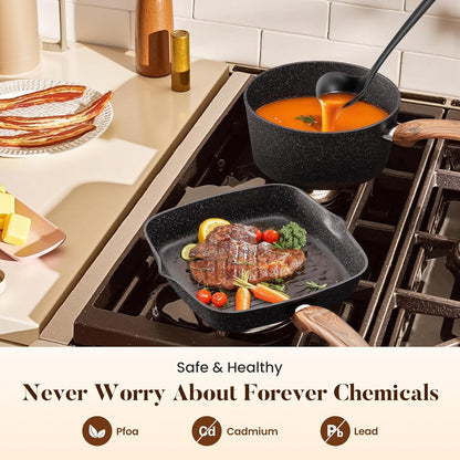 Kitchen Academy Induction Cookware Set-17 Piece Non-stick Cooking Pan Set, Black Granite Pots and Pans Set