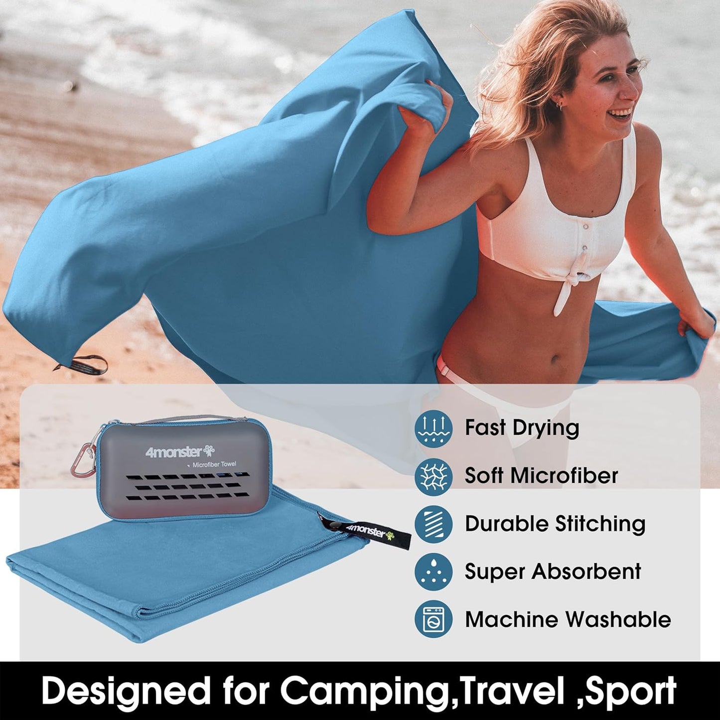 4Monster Camping Towel Super Absorbent, Quick Dry Microfiber Travel Towel, Fast Drying Ultra Soft Compact Gym Towel for Hiking Swimming Beach Yoga Travel Sports Backpack (Marine Blue, 31.50" x 15.80")