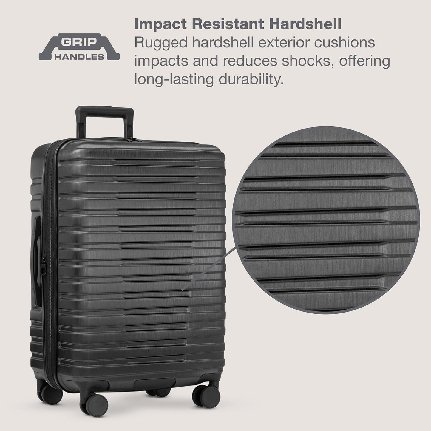 U.S. Traveler Boren Polycarbonate Hardside Rugged Travel Suitcase Luggage with 8 Spinner Wheels, Aluminum Handle, Black, 3-Piece Set, USB Port in Carry-On