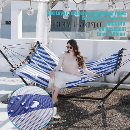 TegerDeger 12FT 2 Person Hammock Large Hammock Quick Dry 450LB Capacity with V Shaped Hardwood Spreader Bar & Nylon Rope for Outside, Patio, Garden, Backyard, Beach, Poolside - Blue Stripes
