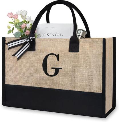 TOPDesign Initial Jute/Canvas Tote Bag, Personalized Present Bag, Suitable for Wedding, Birthday, Beach, Holiday, is a Great Gift for Women, Mom, Teachers, Friends, Bridesmaids (Letter G)