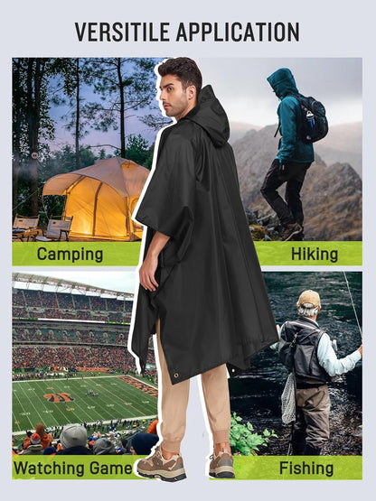 SaphiRose Extra Thick Hooded Rain Poncho Double Layer Waterproof Raincoat Jacket for Men Women Adults